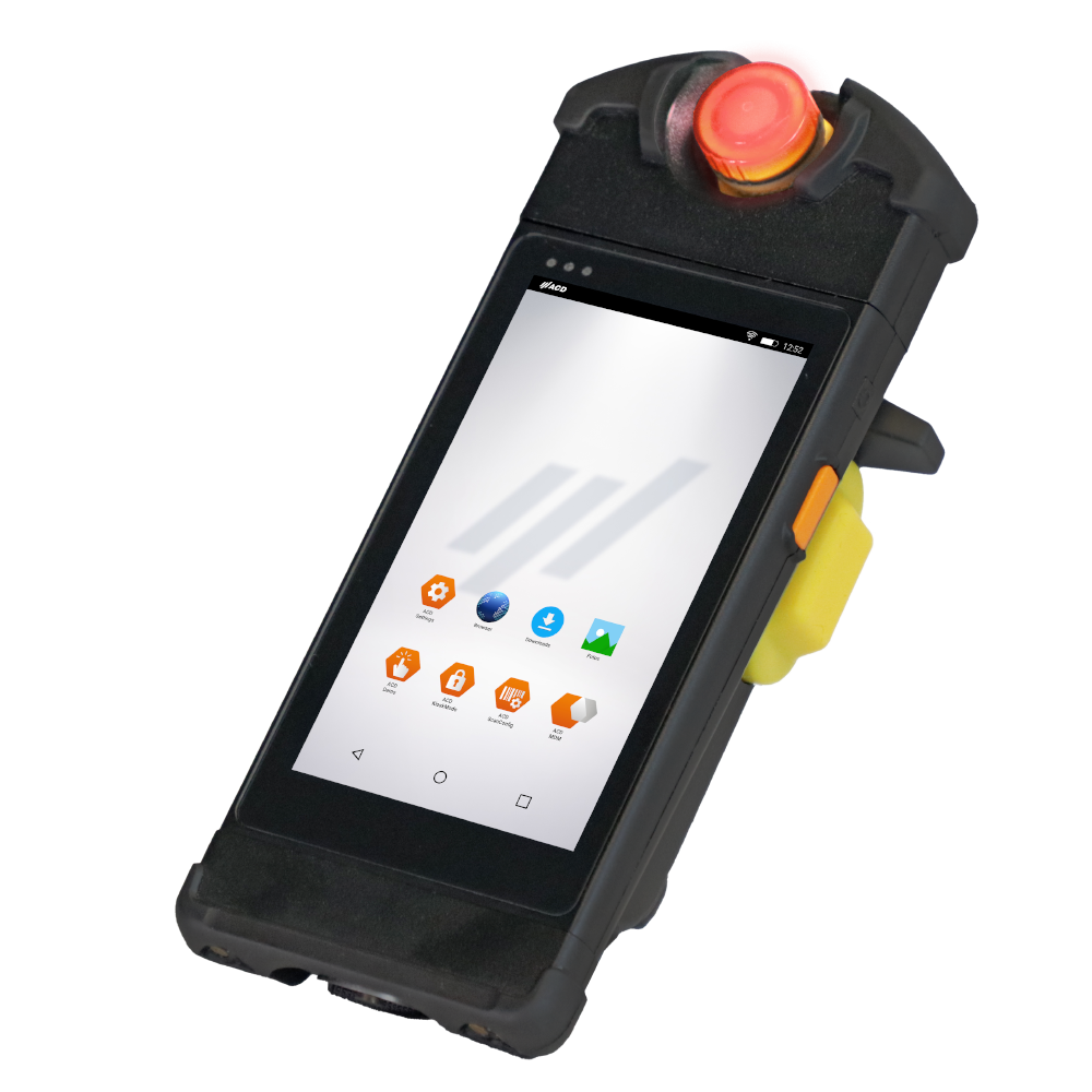 Mobile and wireless safety HMI M2Smart HMI5 with 5-inch display and Android Industrial#+ for safe machine operation.